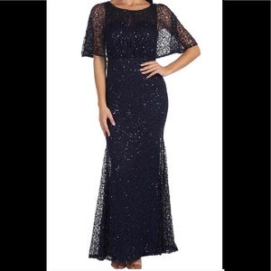 Marina Navy  Butterfly-Sleeve Sequin Gown 16 NWT